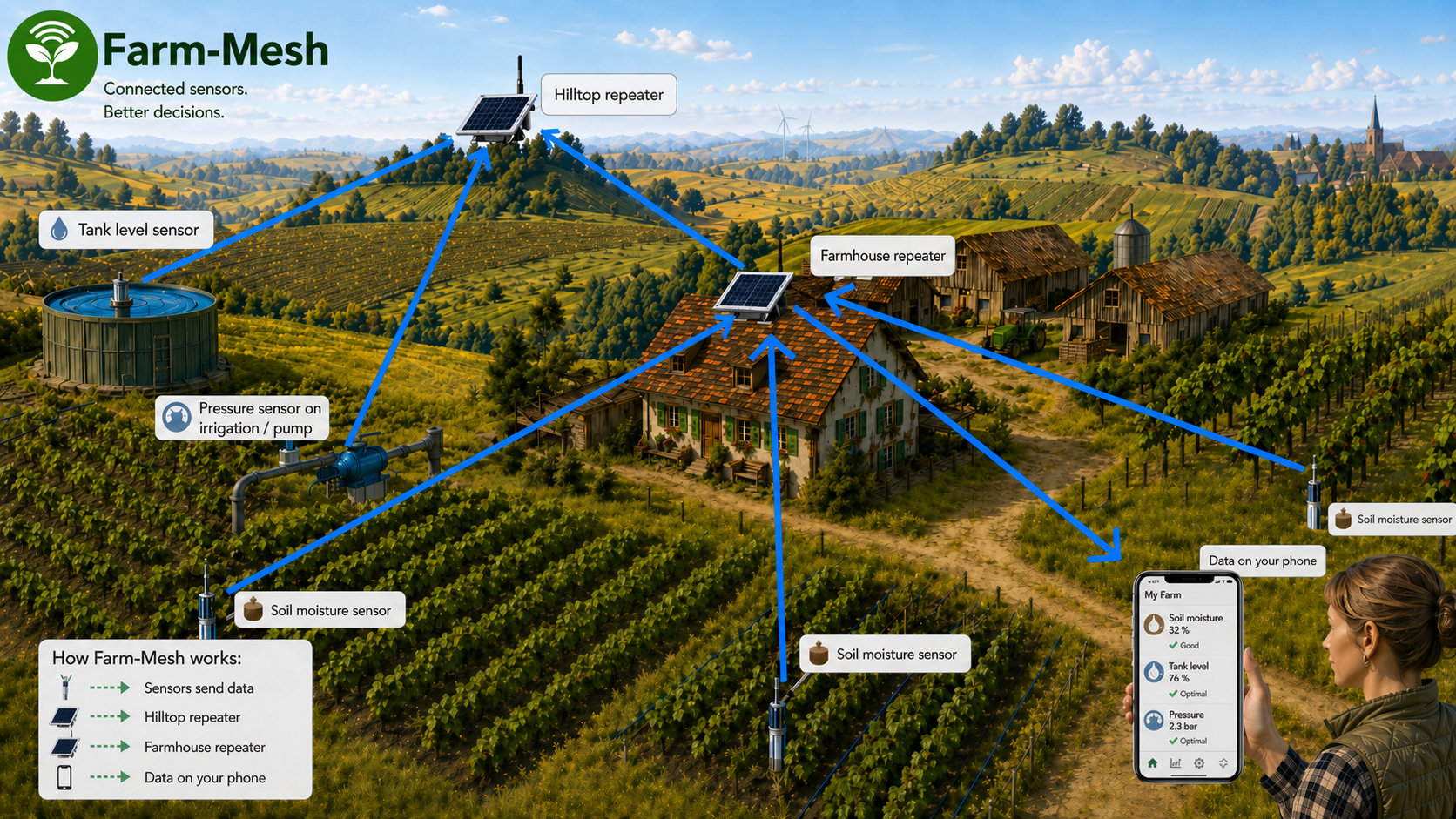 Farm-Mesh overview showing tank level, pressure, and soil sensors sending data through repeaters to a phone