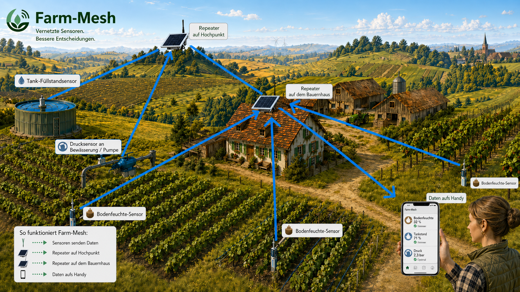 Farm-Mesh-Übersicht mit Tankfüllstand, Drucksensor, Bodenfeuchte-Sensoren, Repeatern und Daten auf dem Handy