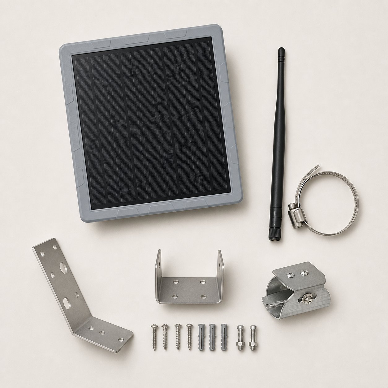 Farm-Mesh repeater kit with solar panel, antenna, stainless brackets, and hose clamp
