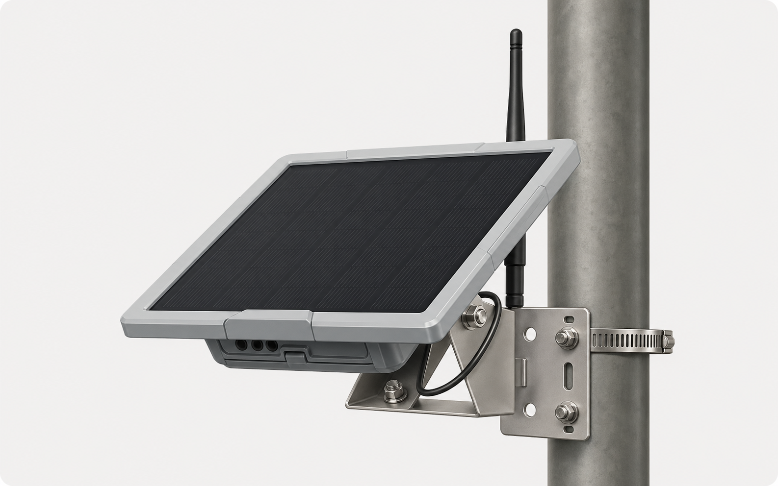 Clean illustration of a Farm-Mesh solar repeater mounted to a pole with stainless hardware